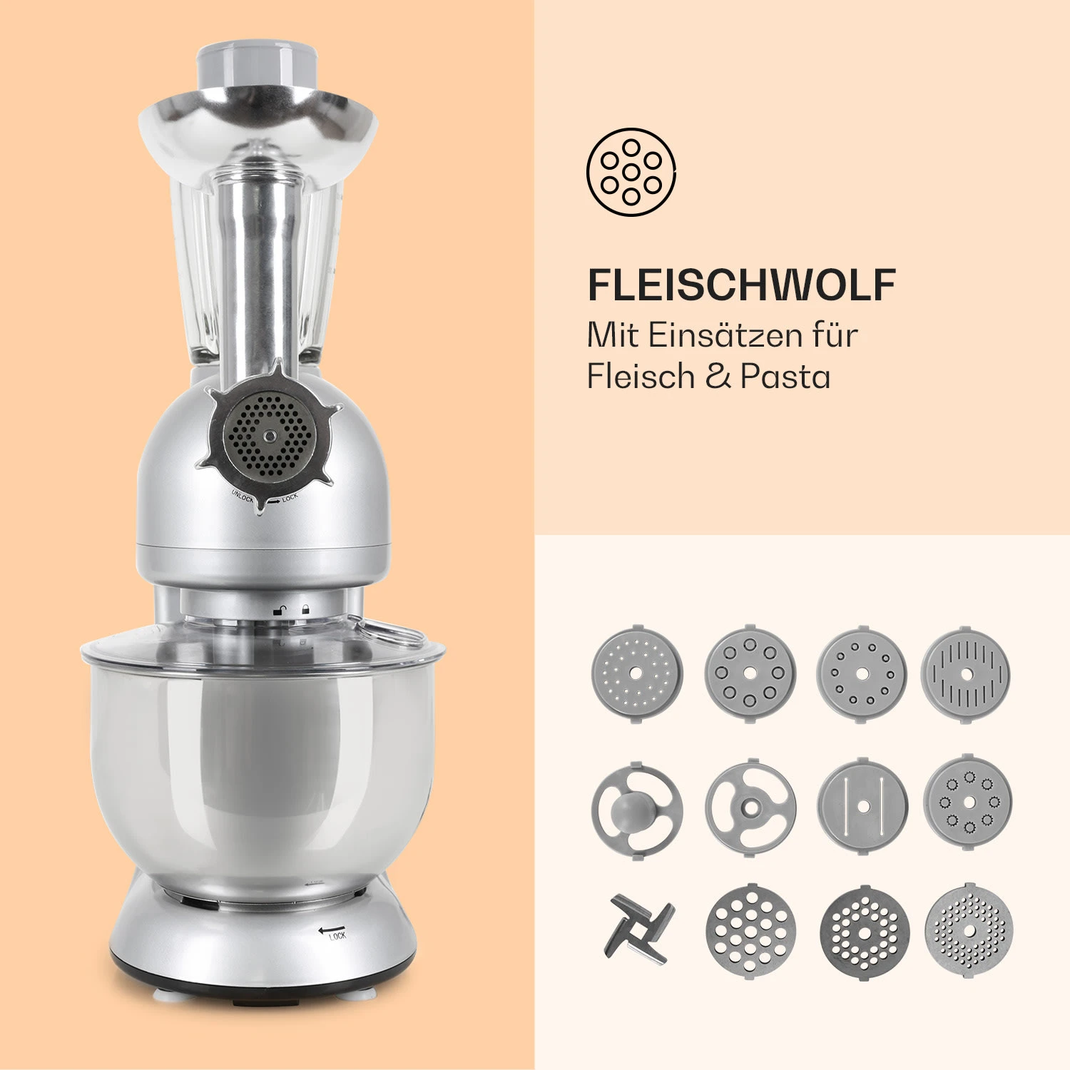 Lucia Küchenmaschine 3-in-1 2000 W / 2,7 PS 5 Ltr Edelstahl BPA-frei 5 Lucia Küchenmaschine 3-in-1 2000 W / 2,7 PS 5 Ltr Edelstahl BPA-frei – Bild 5
