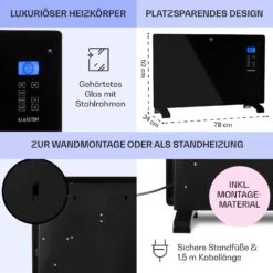 Norderney Konvektions-Heizgerät Thermostat Timer 2000W 30m² Schwarz -Warmekuche Pro Geschaft 10032789 de 0006 usp