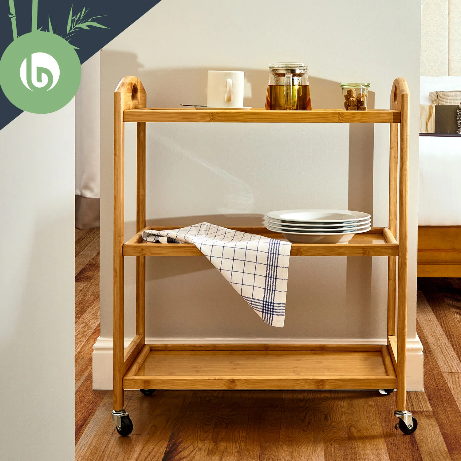 Servierwagen 3 Etagen 4 Rollen 60x74,5x33,5 Cm (BxHxT) Bambus 3 Servierwagen 3 Etagen 4 Rollen 60x74,5x33,5 Cm (BxHxT) Bambus – Bild 3