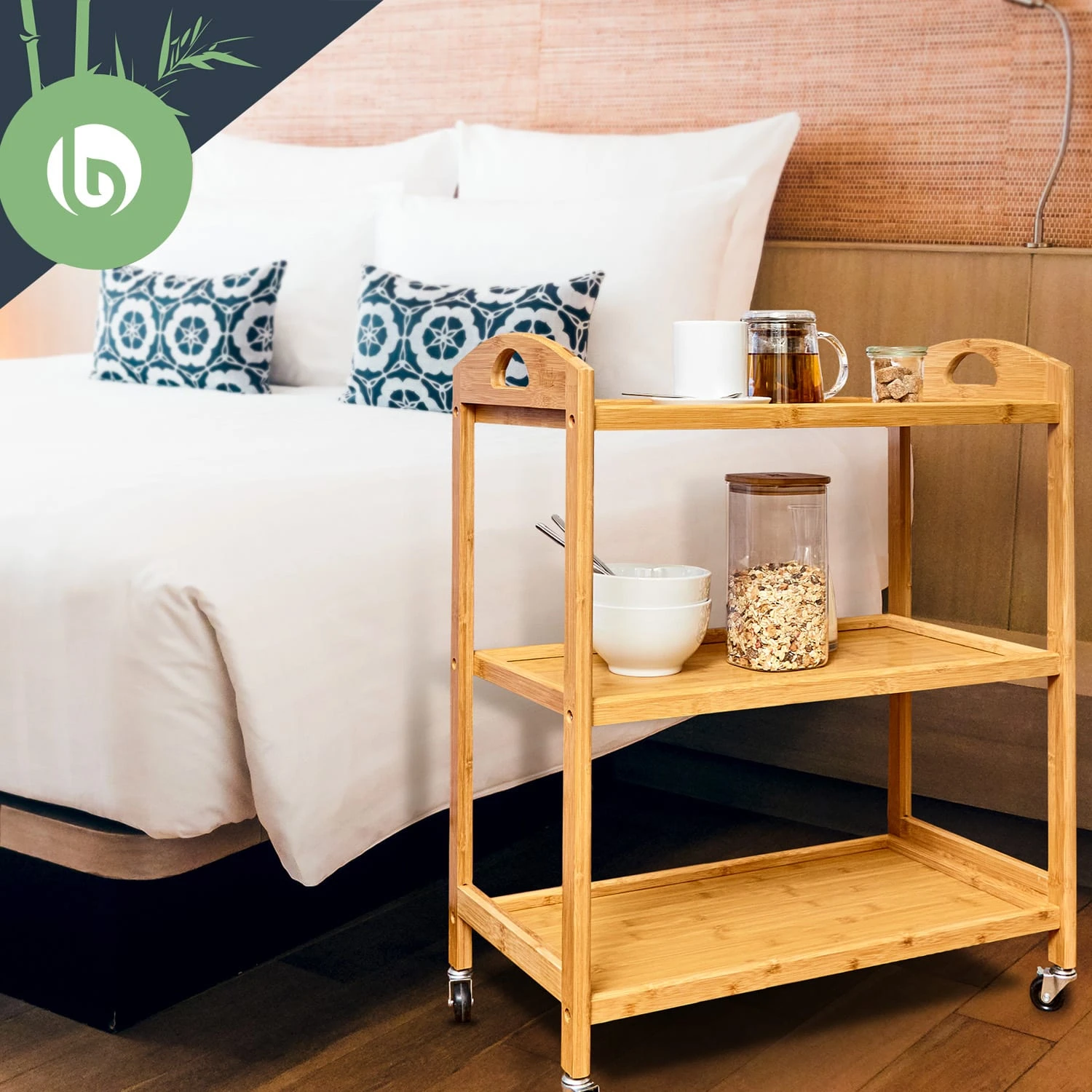 Servierwagen 3 Etagen 4 Rollen 60x74,5x33,5 Cm (BxHxT) Bambus 4 Servierwagen 3 Etagen 4 Rollen 60x74,5x33,5 Cm (BxHxT) Bambus – Bild 4