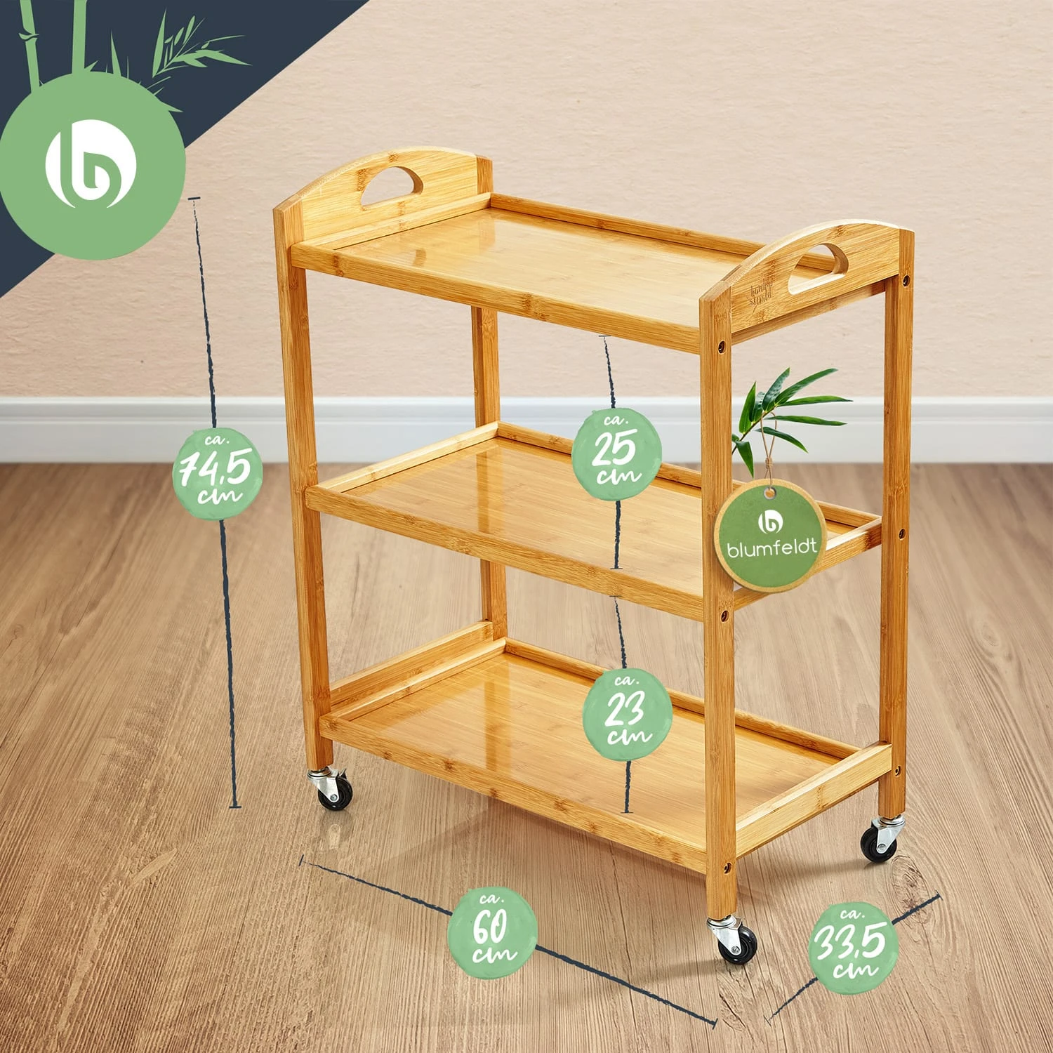 Servierwagen 3 Etagen 4 Rollen 60x74,5x33,5 Cm (BxHxT) Bambus 6 Servierwagen 3 Etagen 4 Rollen 60x74,5x33,5 Cm (BxHxT) Bambus – Bild 6