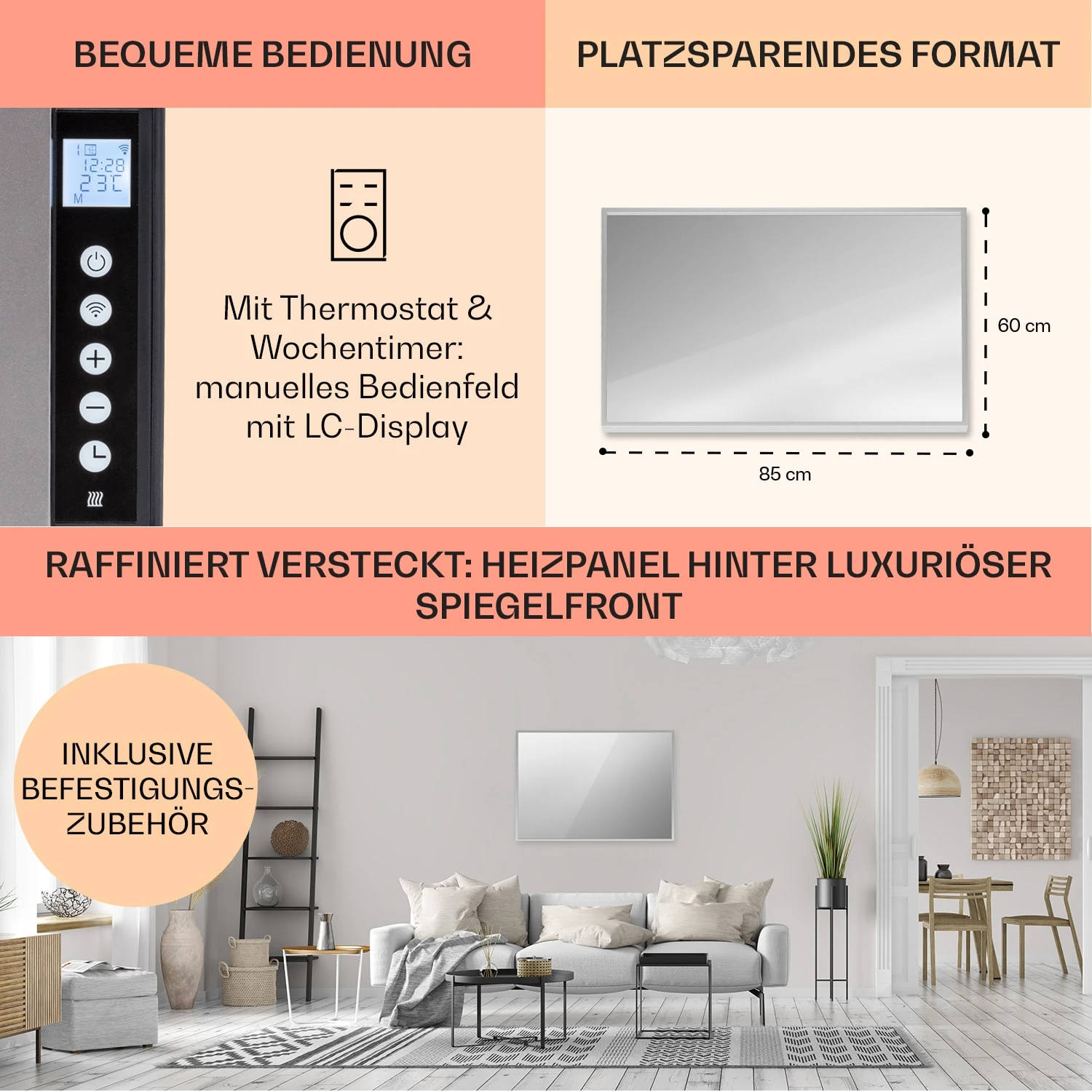 La Palma 750 Smart 2-in-1 Heizgerät Infrarot Konvektor 85x60cm 750W Spiegelfront 6 La Palma 750 Smart 2-in-1 Heizgerät Infrarot Konvektor 85x60cm 750W Spiegelfront – Bild 6