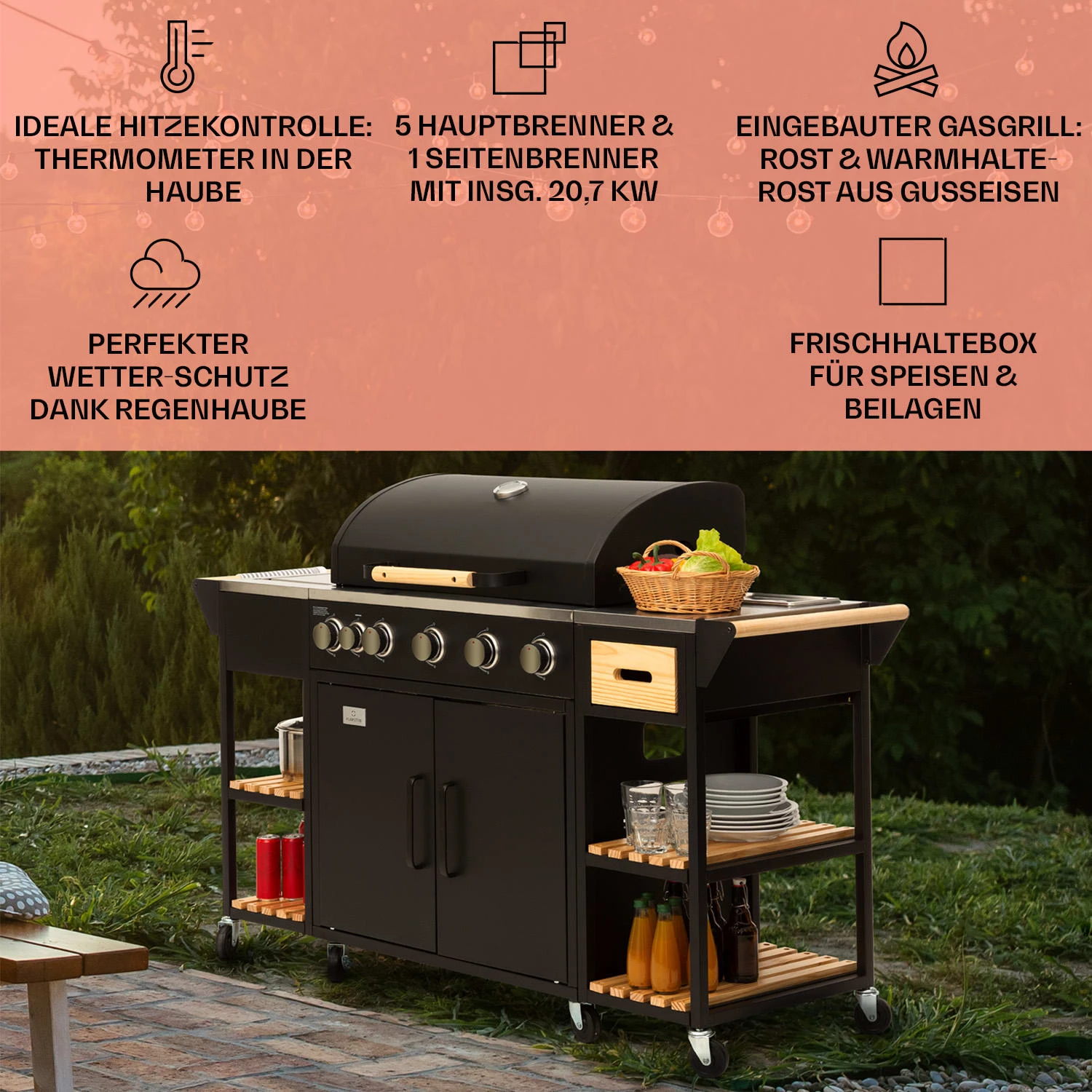 Jersey Outdoor Kitchen Gasgrill 20,7 KW 5+1 Brenner Mobil Regenschutz 2 Jersey Outdoor Kitchen Gasgrill 20,7 KW 5+1 Brenner Mobil Regenschutz – Bild 2