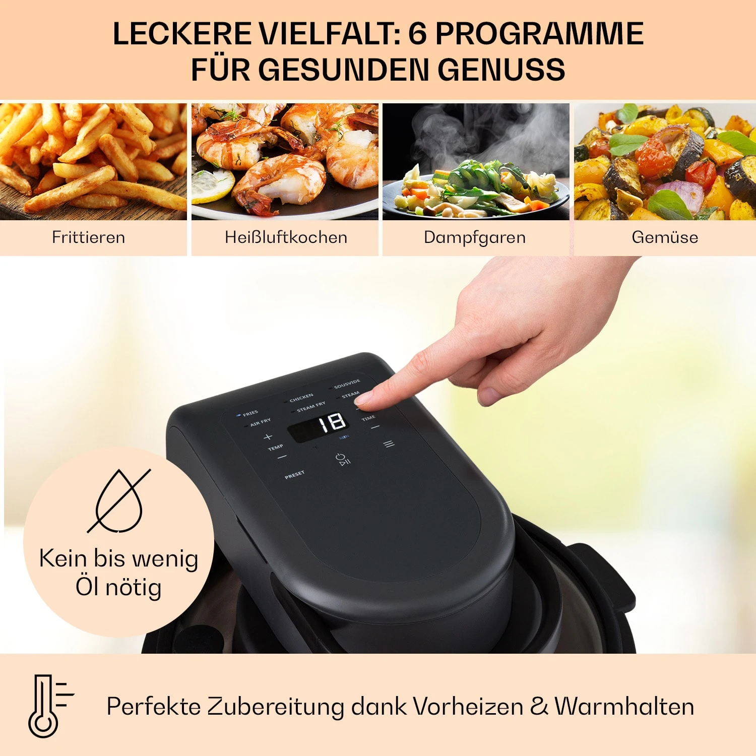 Vendure Heißluftfritteuse Mit Dampffunktion 1250W 5 Liter 6 Programme 4 Vendure Heißluftfritteuse Mit Dampffunktion 1250W 5 Liter 6 Programme – Bild 4