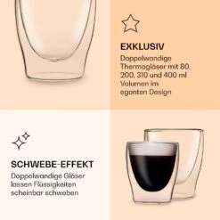 DUOS Doppelwandiges Glas | Thermoglas | 80, 200, 310, 400 Ml | Trinkglas | Espressoglas, Teeglas, Shotglas | Für Heiße Und Kalte Getränke | Borosilikatglas| Hitze- Und Kältebeständig | Handgemacht | Spülmaschinenfest | Schwebe-Effekt -Warmekuche Pro Geschaft 10040368 de 0006 logo