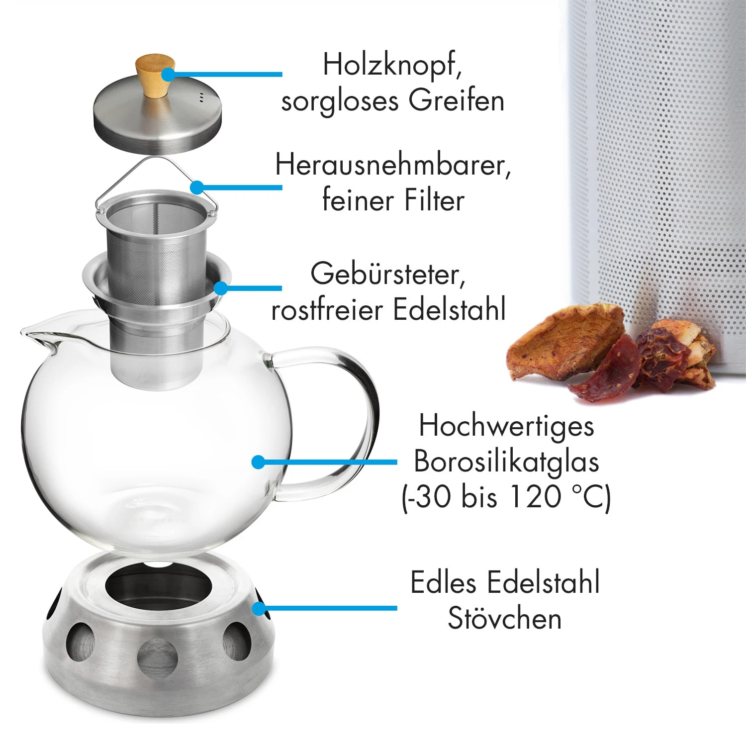 Sencha Design-Teekanne Mit Hibiscus Edelstahl-Stövchen 1,3 L Siebeinsatz 4 Sencha Design-Teekanne Mit Hibiscus Edelstahl-Stövchen 1,3 L Siebeinsatz – Bild 4